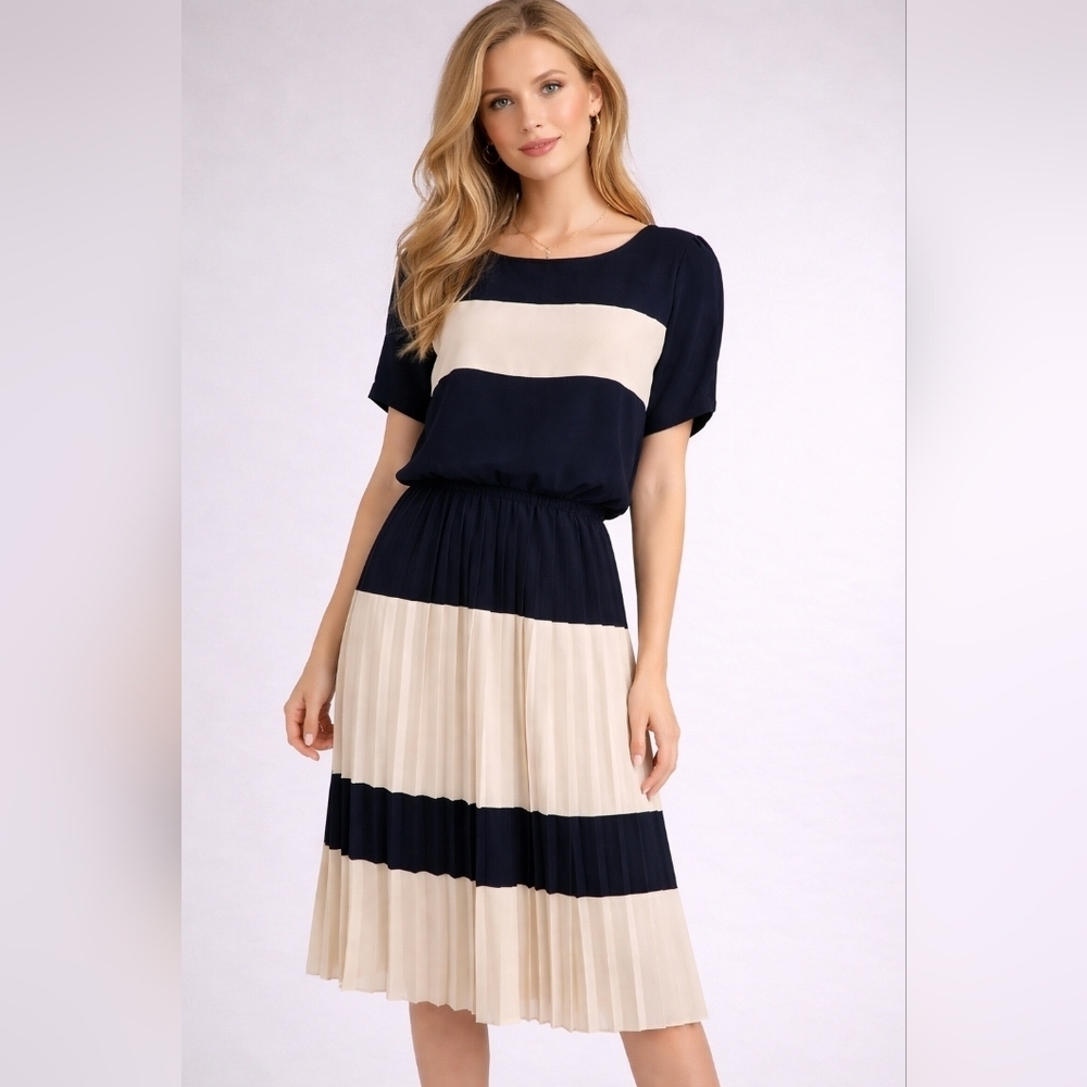 LIZ ROBERTS 1980s Nautical Sailor Pleated Accordian Blouson Chiffon Dress